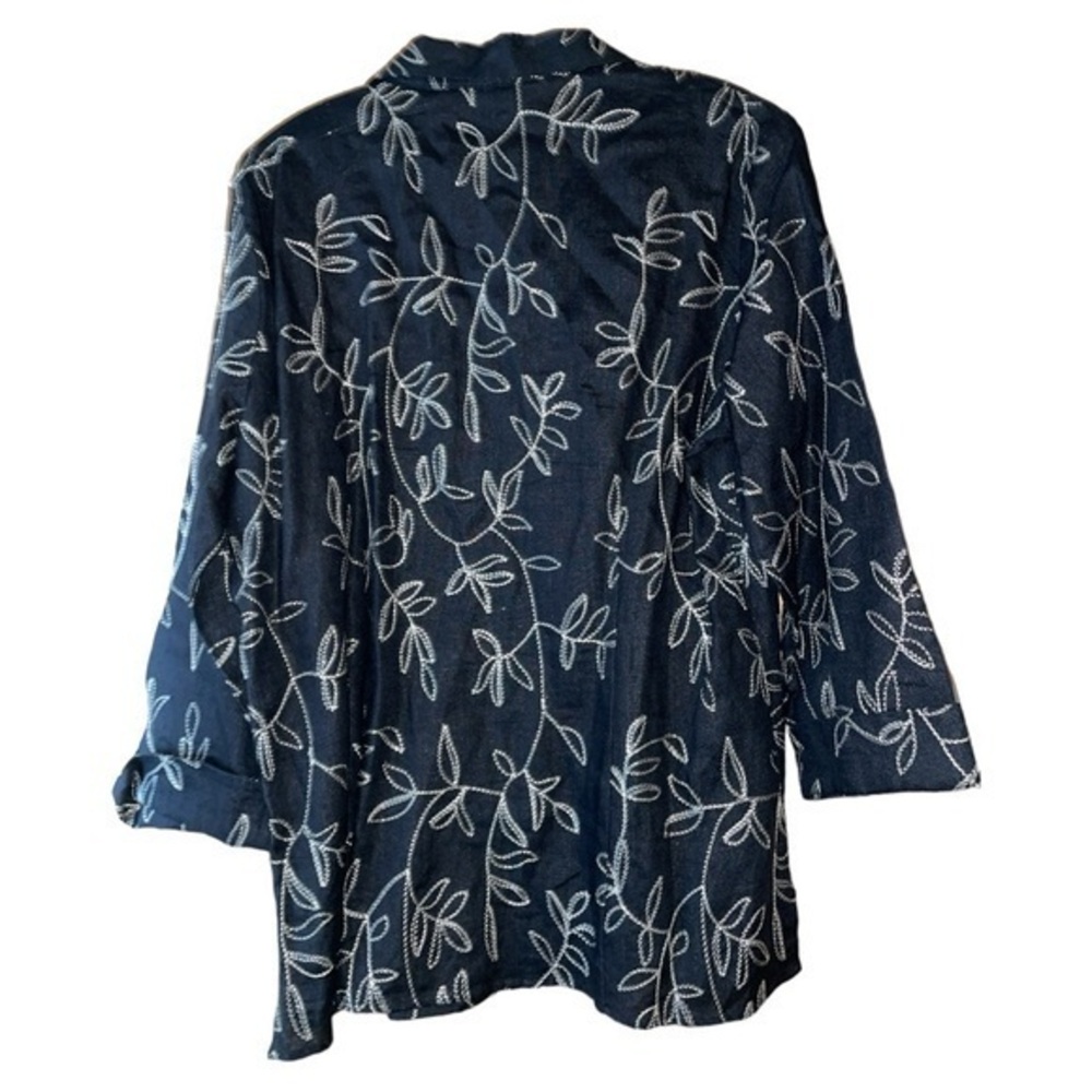 Carole Little Vtg 90s Linen Embroidered Blouse Tunic Black XL Leaf Botanical - Picture 5 of 10